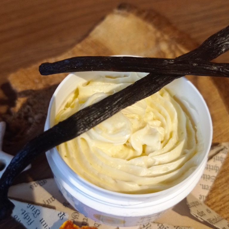 Körperbutter Gelbliche cremige Masse in einem weißen Salbentiegel, darüber liegen zwei braune längliche Vanilleschoten.
